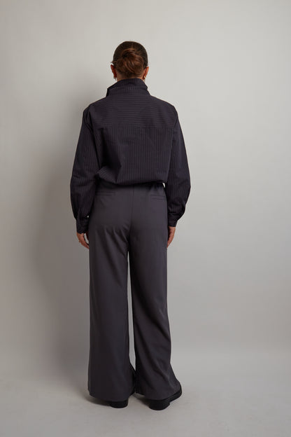 Dark Grey Striped High Neck Blouse