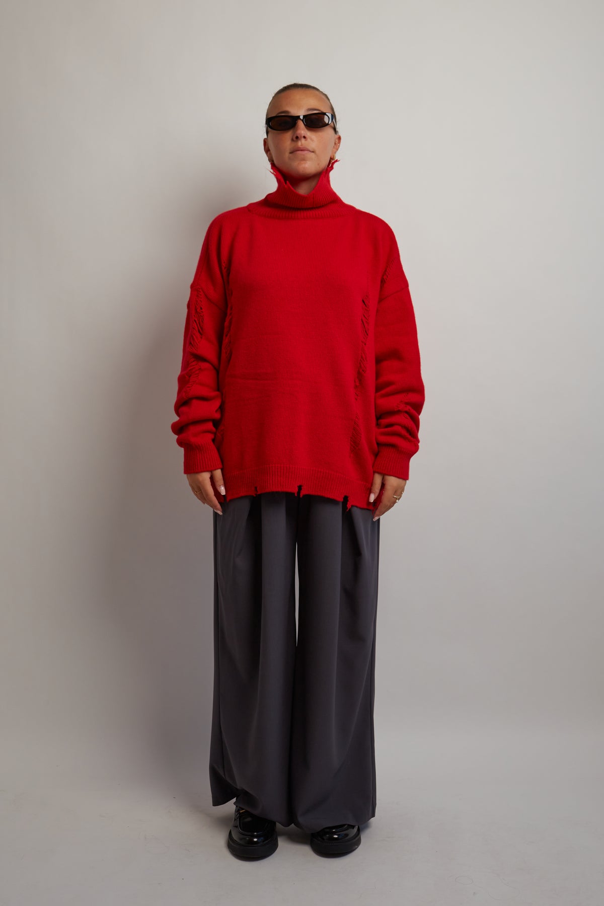Red Distressed Turtleneck Knit