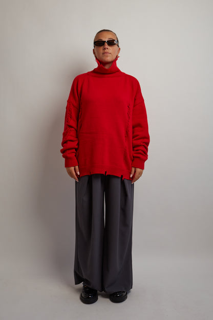Red Distressed Turtleneck Knit