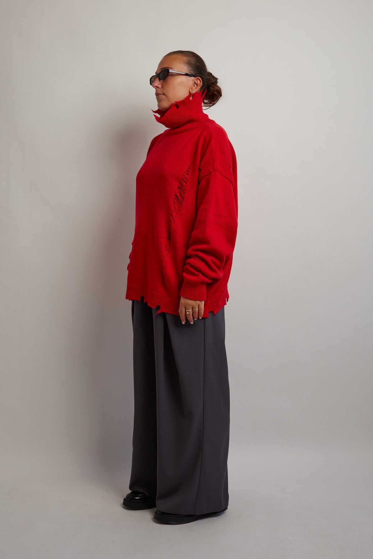 Red Distressed Turtleneck Knit