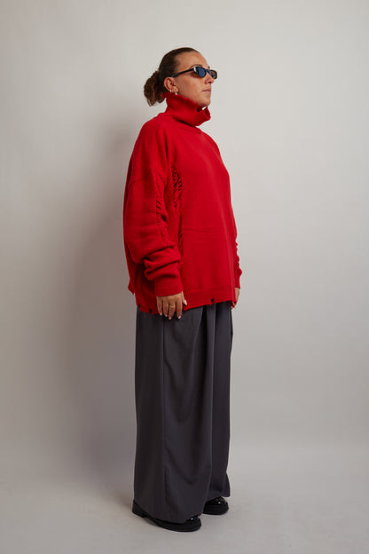 Red Distressed Turtleneck Knit