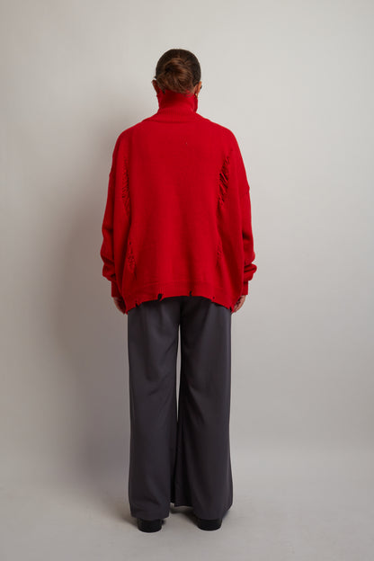 Red Distressed Turtleneck Knit