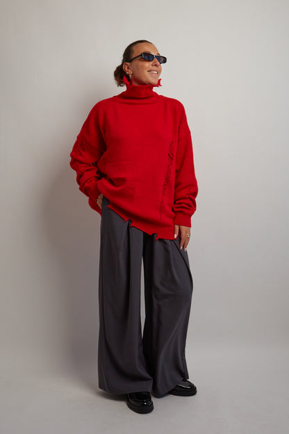 Red Distressed Turtleneck Knit