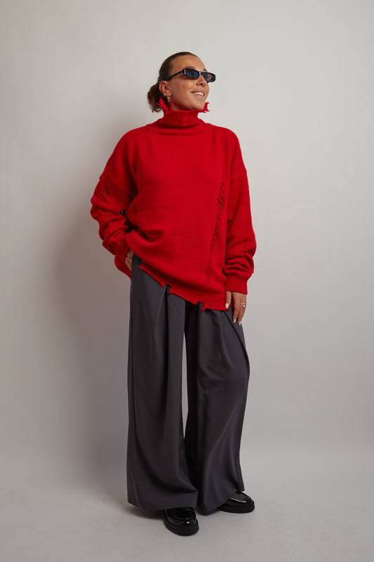 Red Distressed Turtleneck Knit