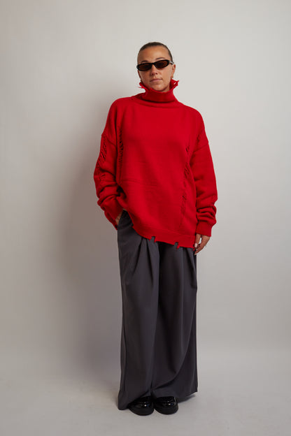 Red Distressed Turtleneck Knit