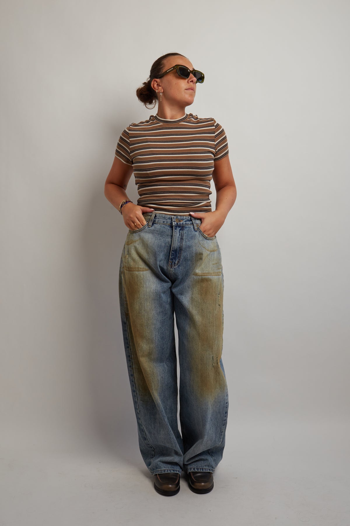 Brown Cropped Soft Striped T-Shirt