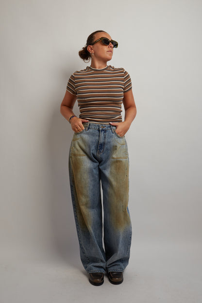 Brown Cropped Soft Striped T-Shirt