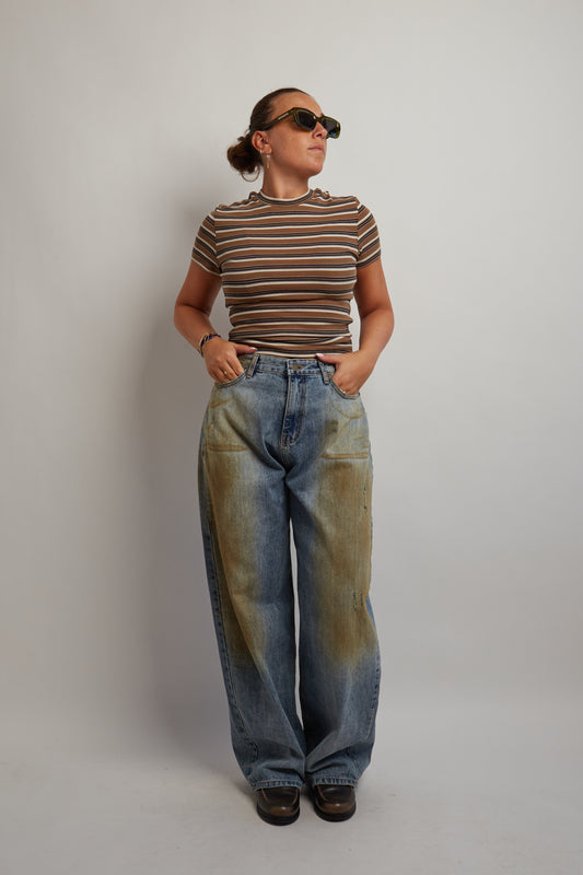 Brown Cropped Soft Striped T-Shirt