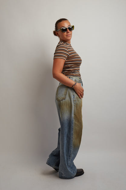Brown Cropped Soft Striped T-Shirt