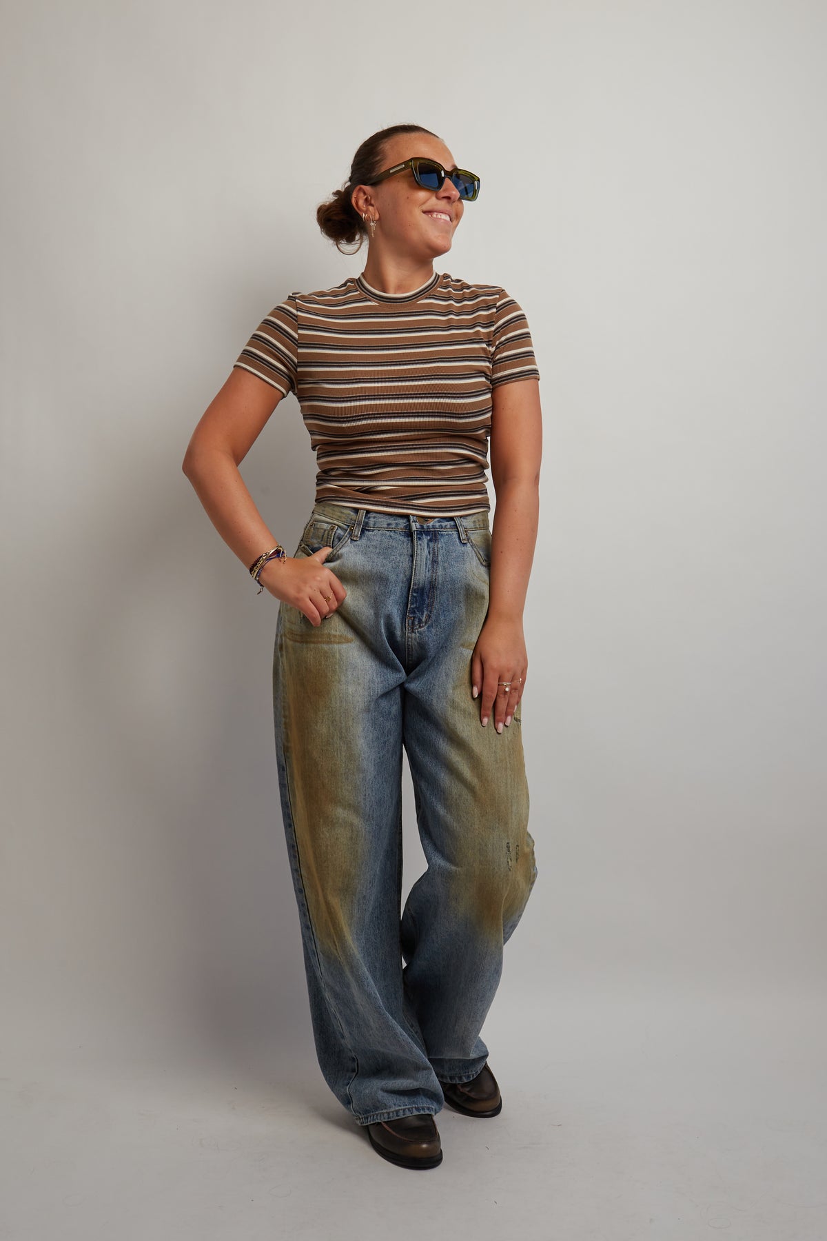 Brown Cropped Soft Striped T-Shirt