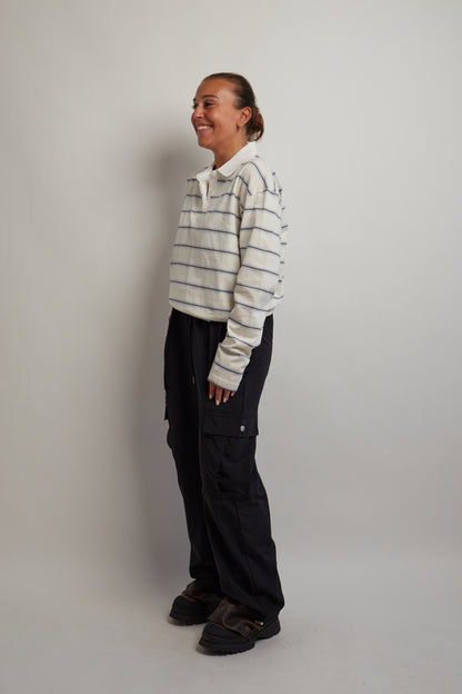 Ivory and Blue Long Sleeve Polo