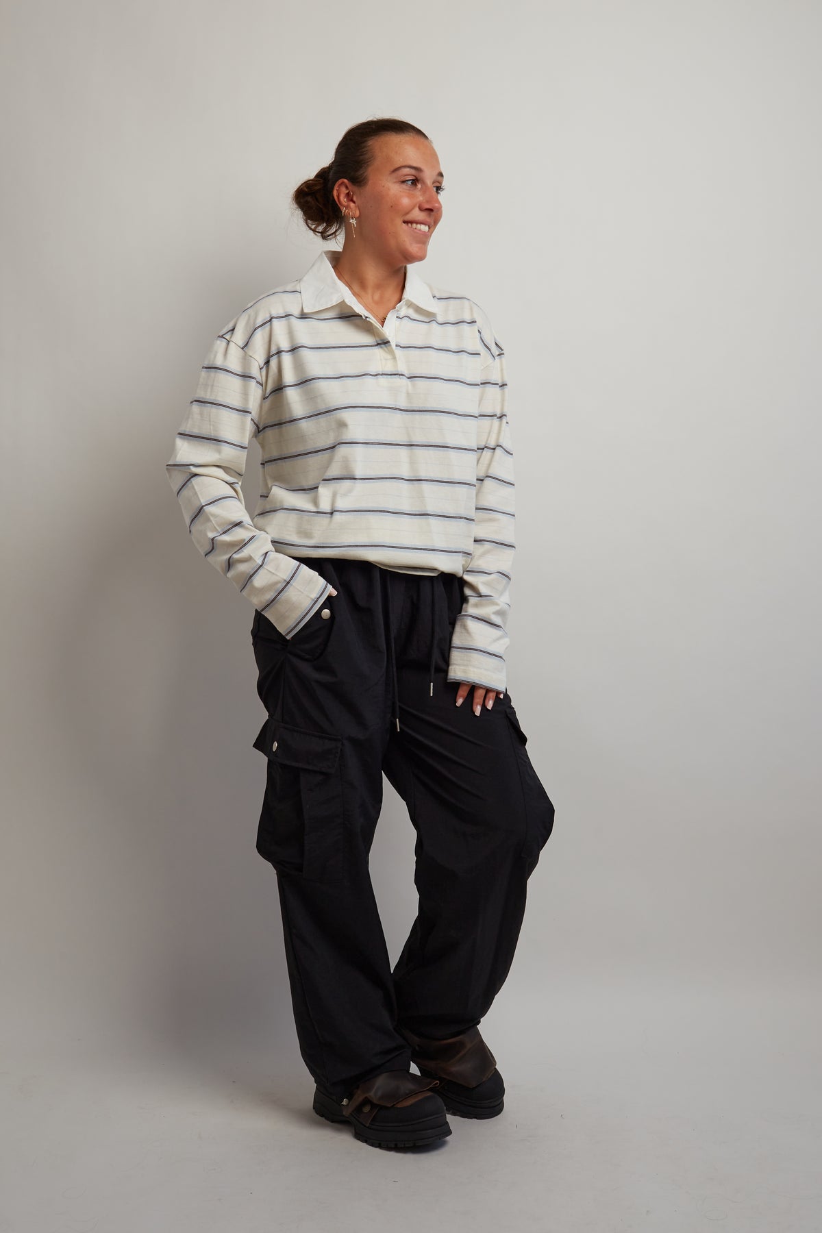 Ivory and Blue Long Sleeve Polo