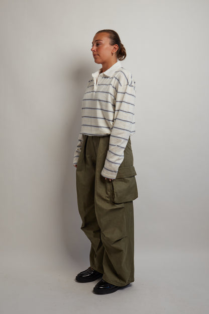 Ivory and Blue Long Sleeve Polo