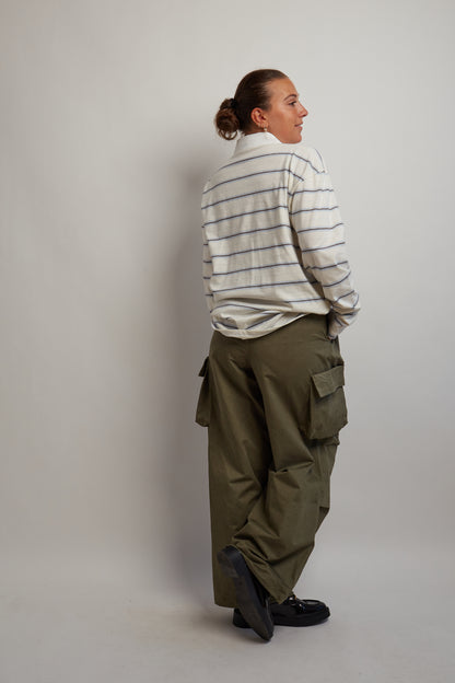 Ivory and Blue Long Sleeve Polo