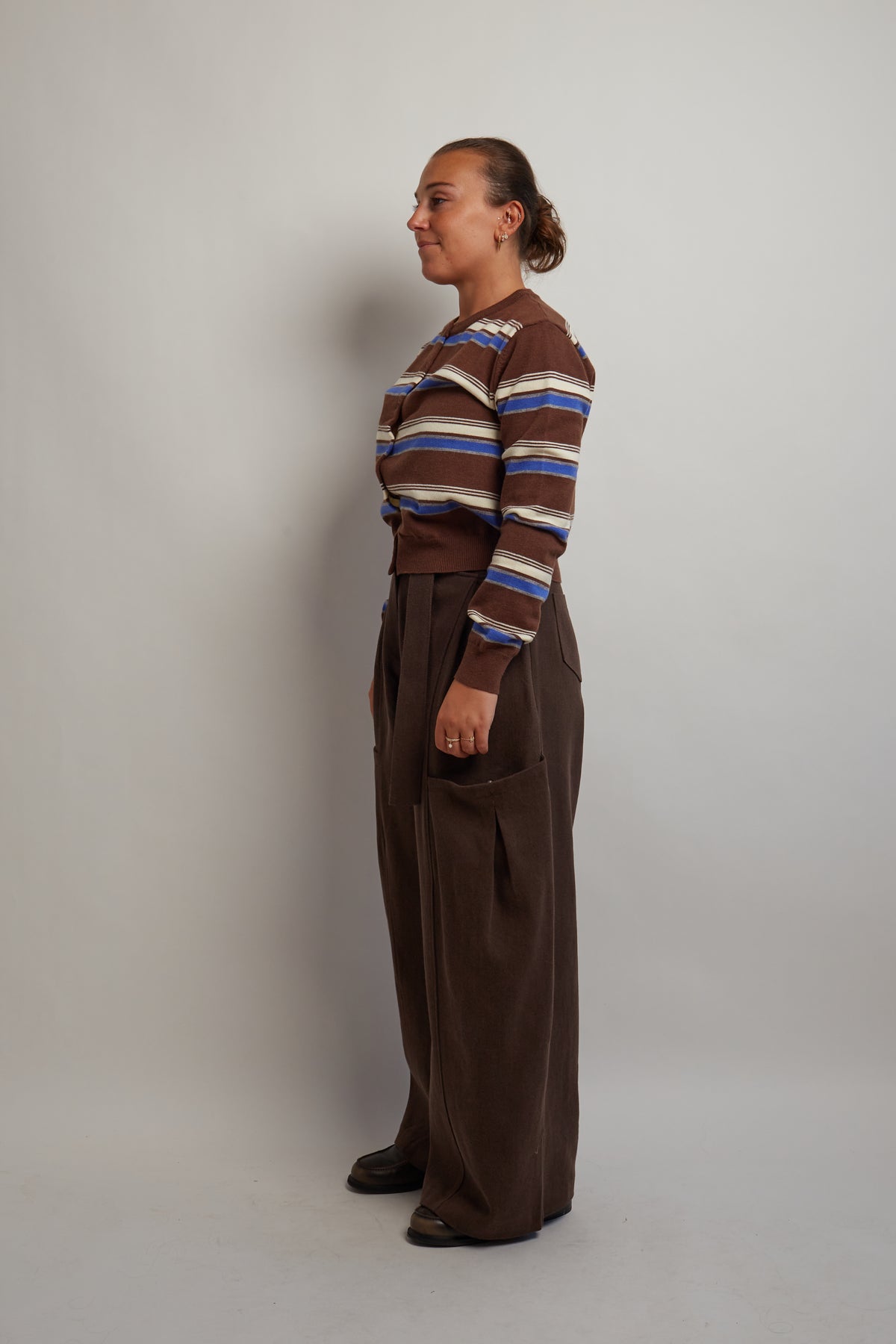 Brown Striped Cardigan With Blue and Ivory