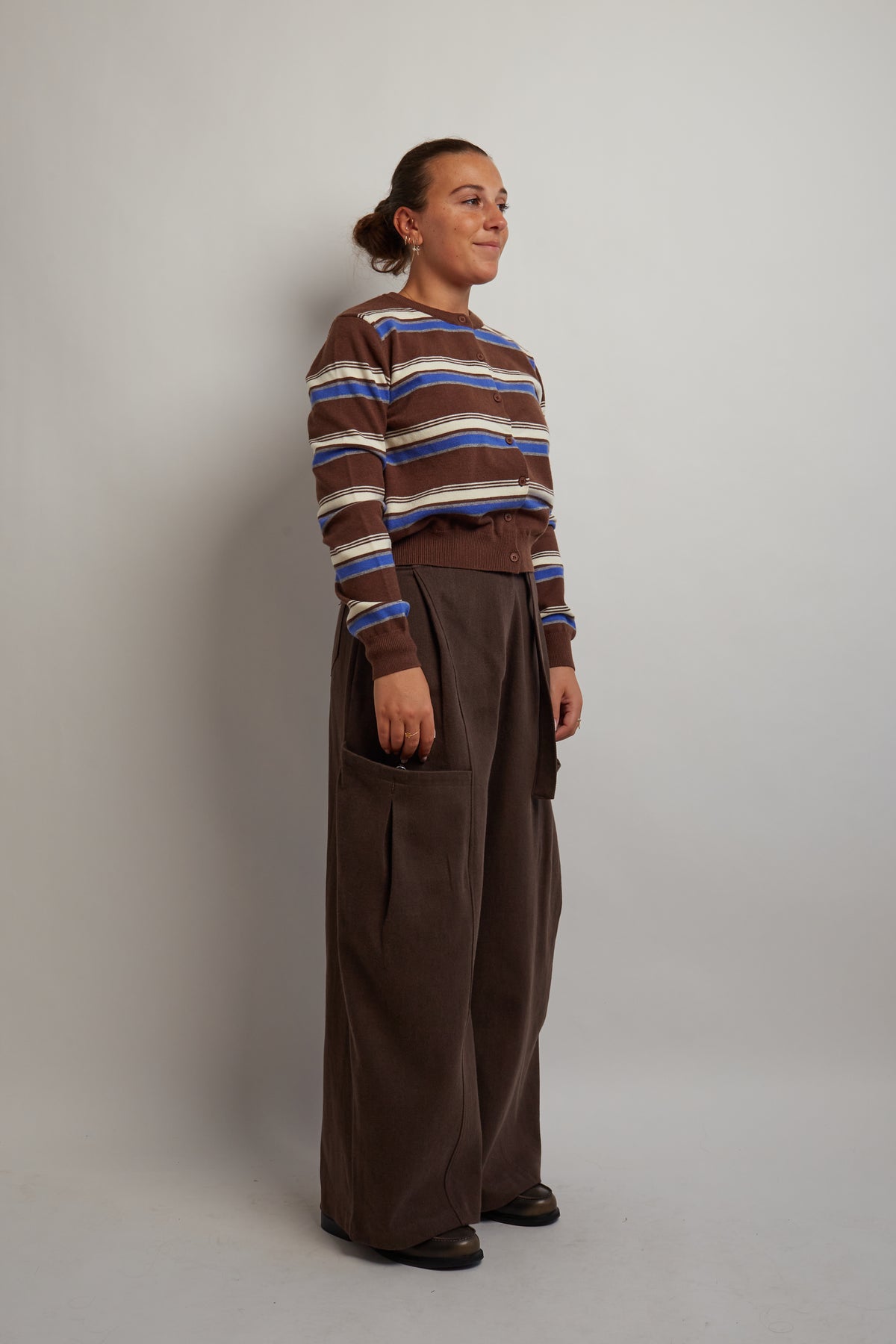 Brown Striped Cardigan With Blue and Ivory