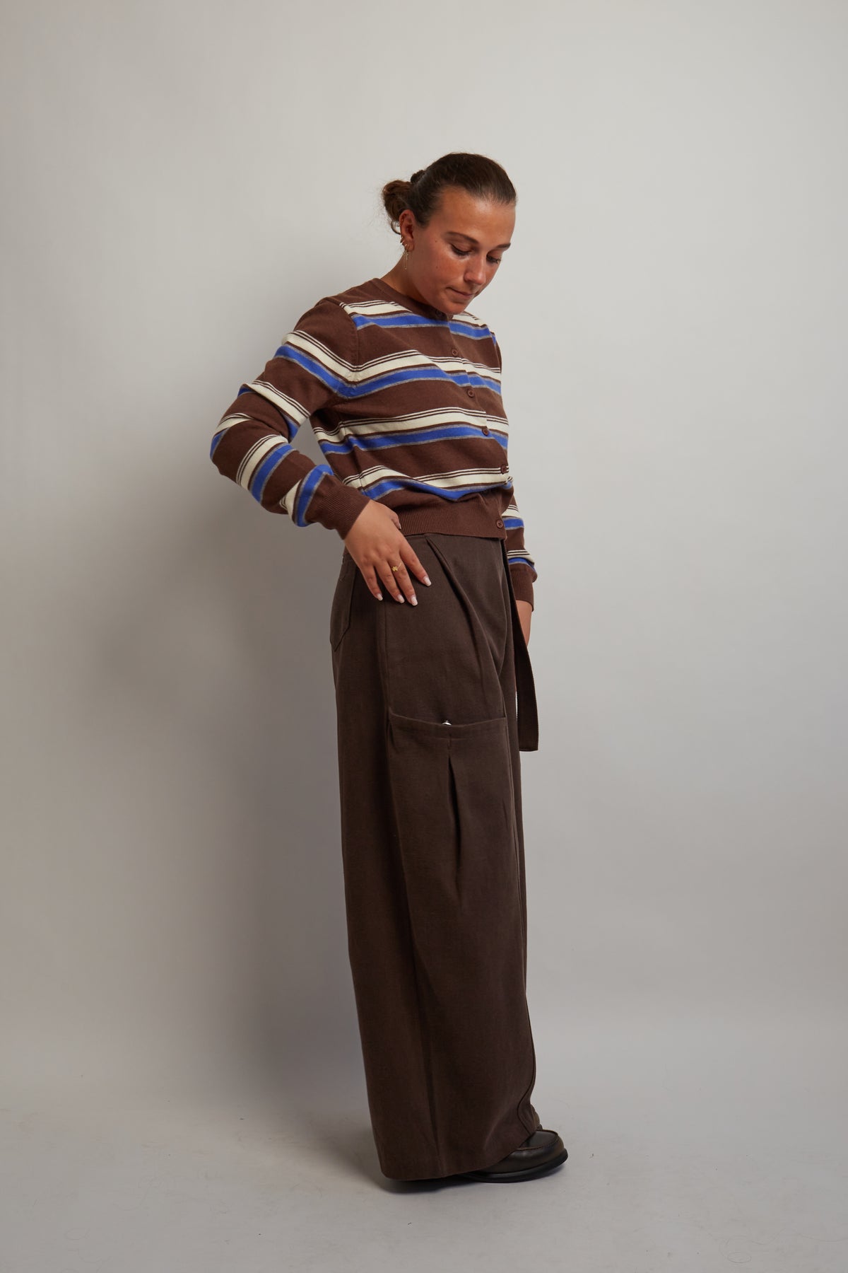 Brown Striped Cardigan With Blue and Ivory