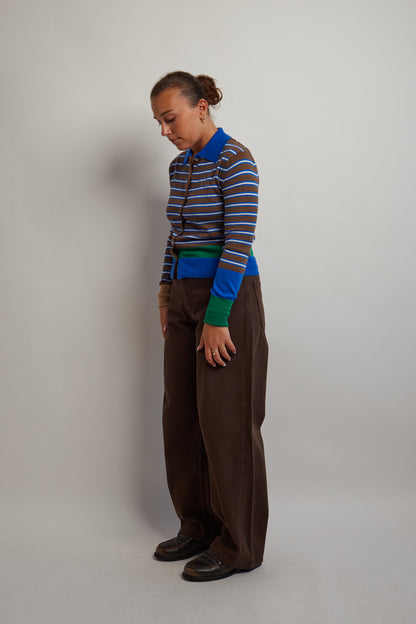 Brown Blue Collared Cardigan With Stripes