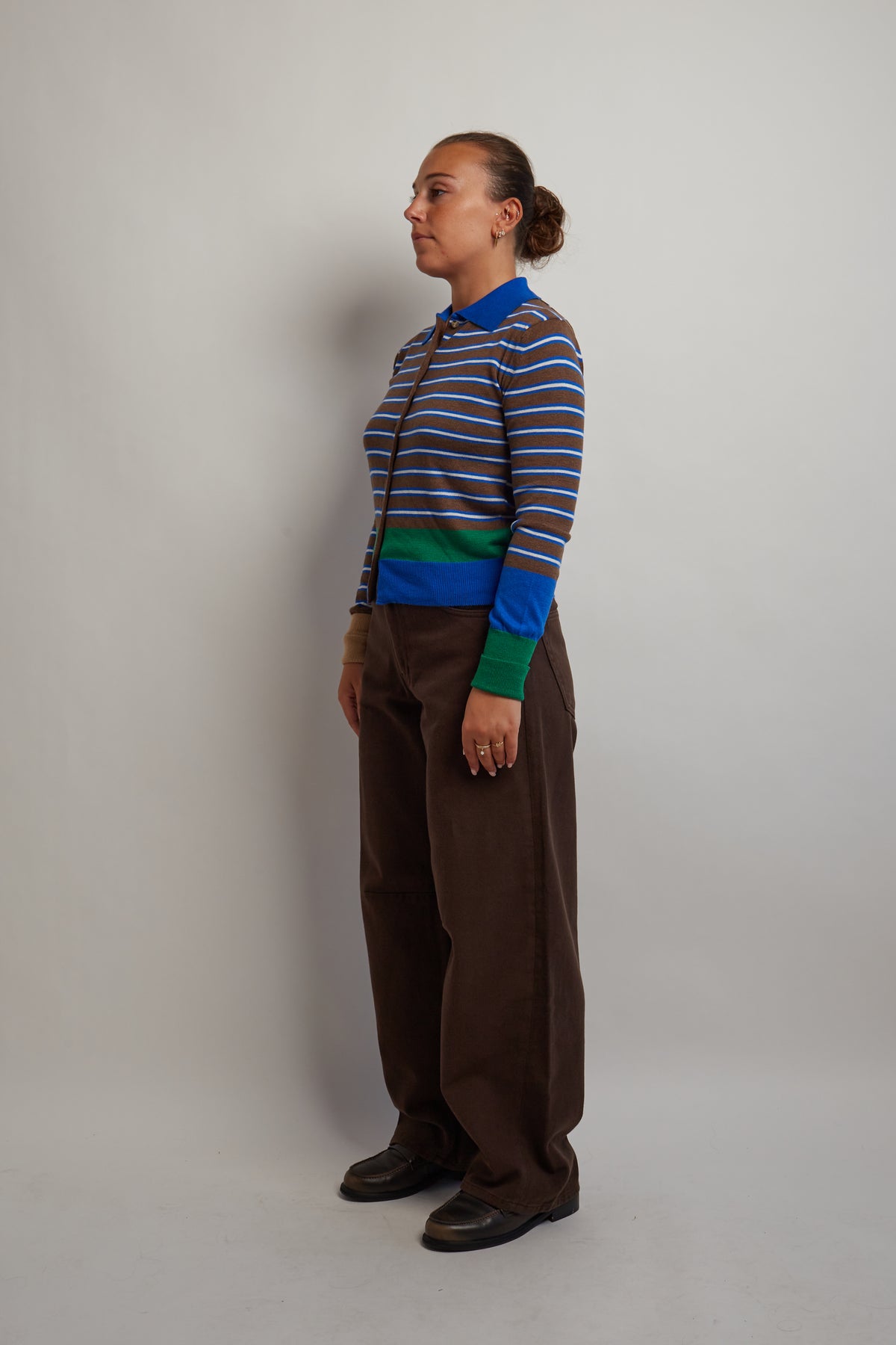 Brown Blue Collared Cardigan With Stripes
