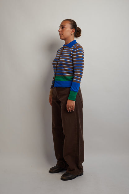 Brown Blue Collared Cardigan With Stripes