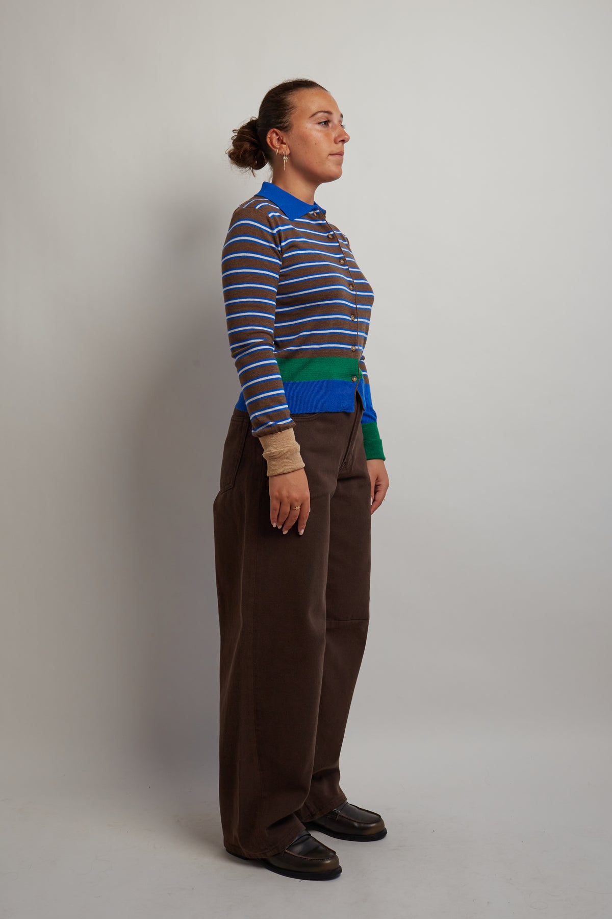 Brown Blue Collared Cardigan With Stripes