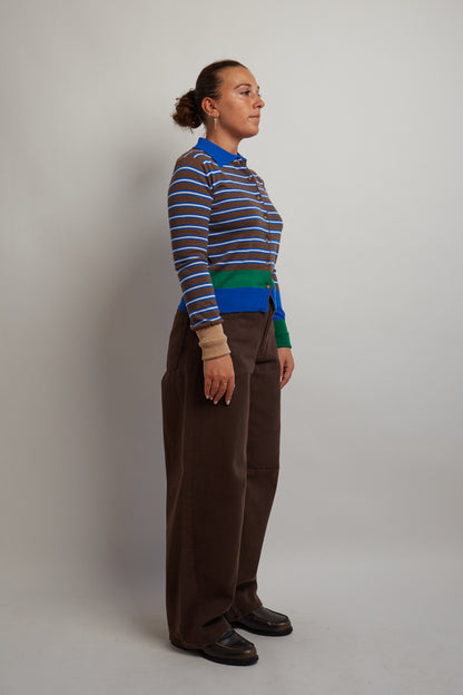Brown Blue Collared Cardigan With Stripes