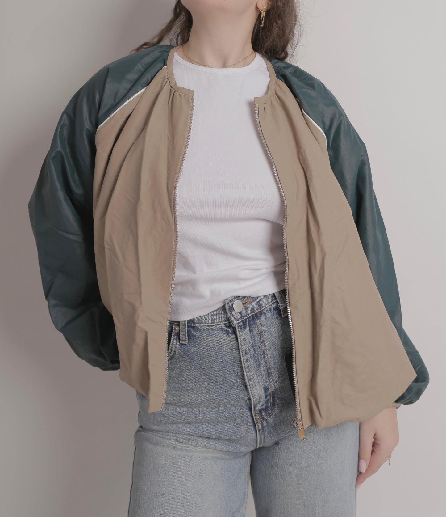 Cropped Dark Beige And Green Jacket