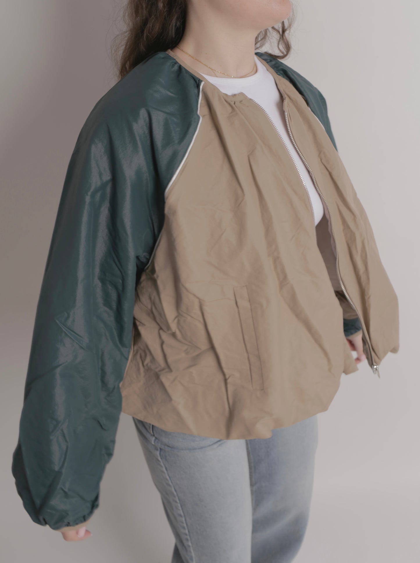 Cropped Dark Beige And Green Jacket