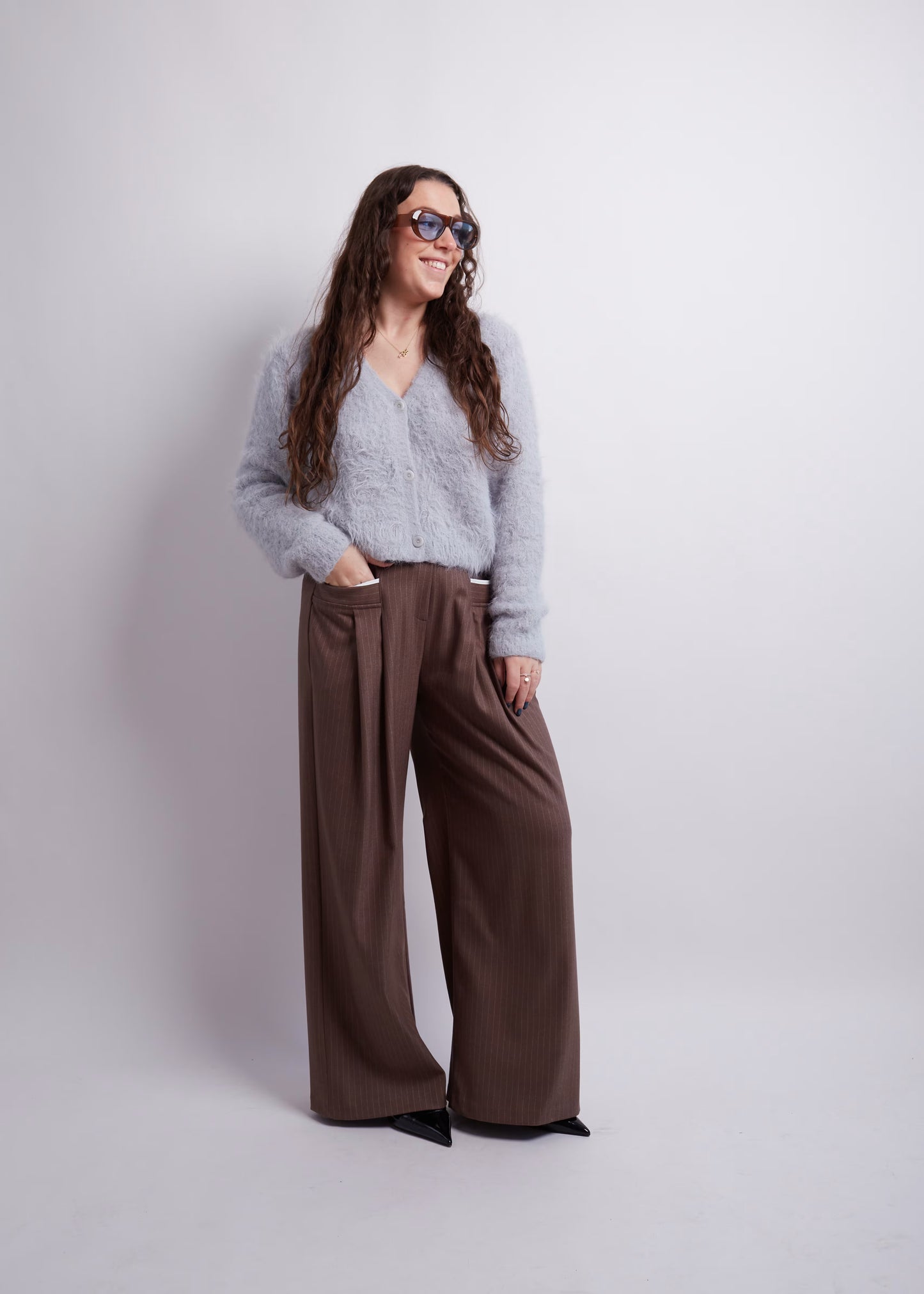 Brown Front Pockets Wide Pants