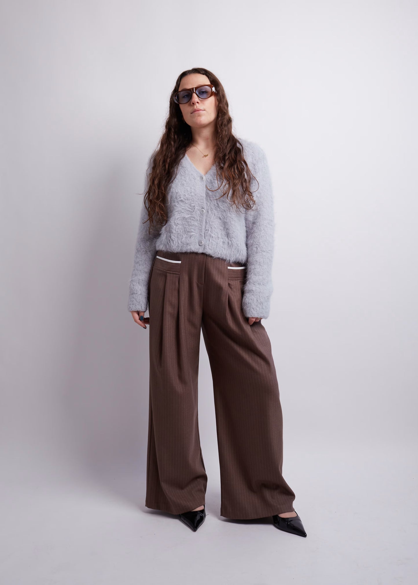 Brown Front Pockets Wide Pants