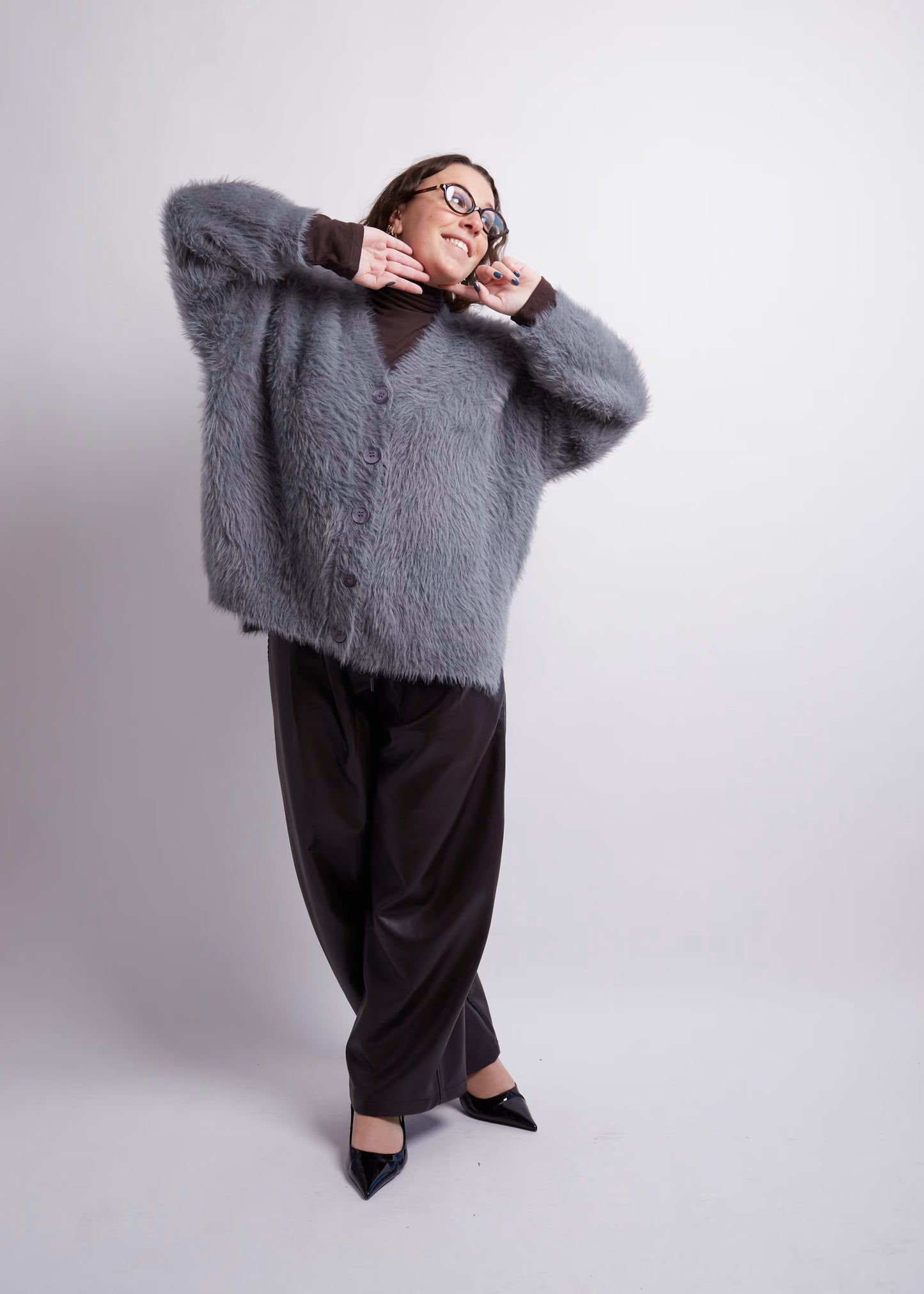 Charcoal Fuzzy Cardigan With Shoulderpads