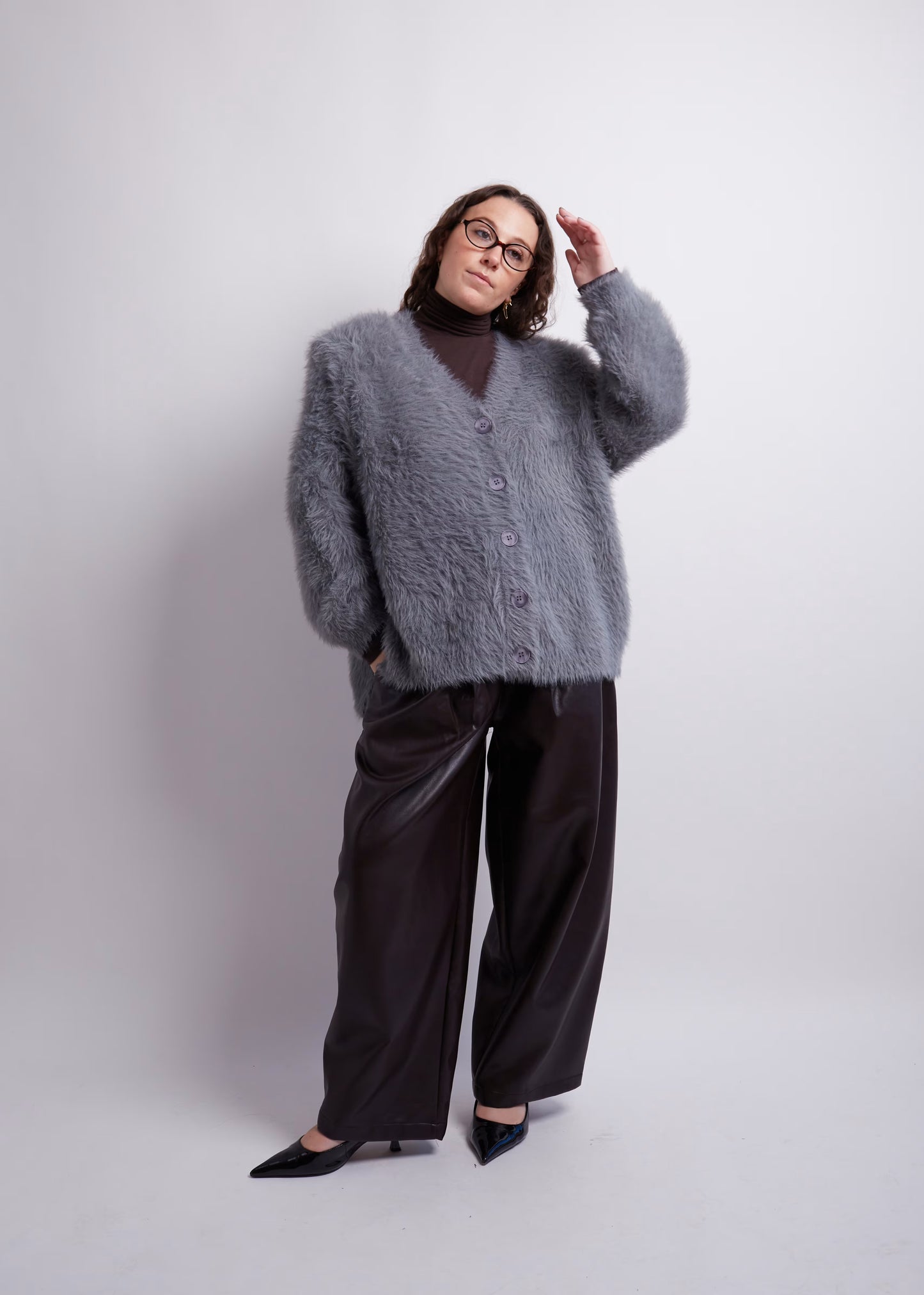Charcoal Fuzzy Cardigan With Shoulderpads
