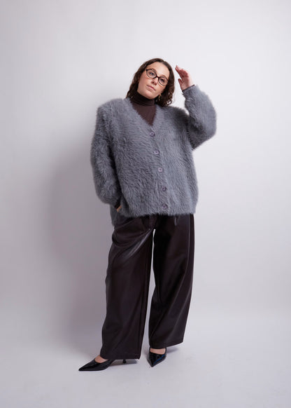 Charcoal Fuzzy Cardigan With Shoulderpads