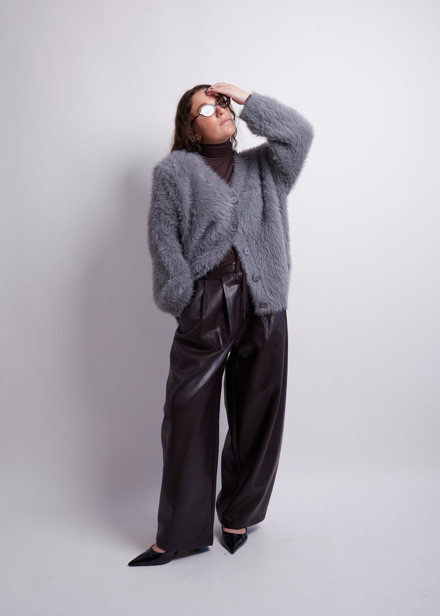 Charcoal Fuzzy Cardigan With Shoulderpads