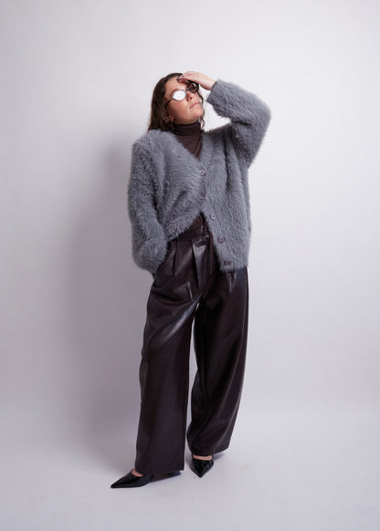 Charcoal Fuzzy Cardigan With Shoulderpads