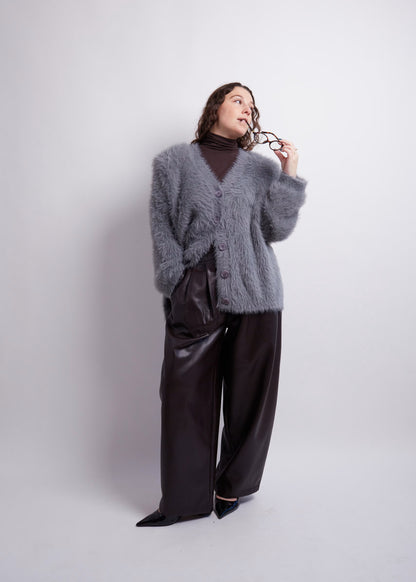 Charcoal Fuzzy Cardigan With Shoulderpads