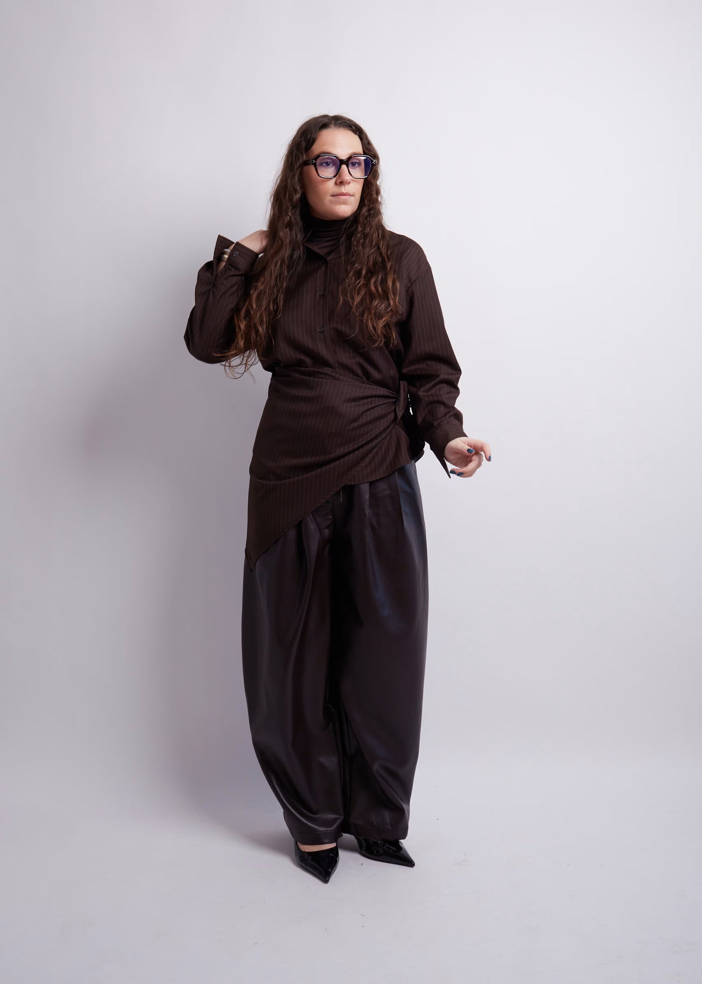 Dark Brown Striped Blouse and Scarf