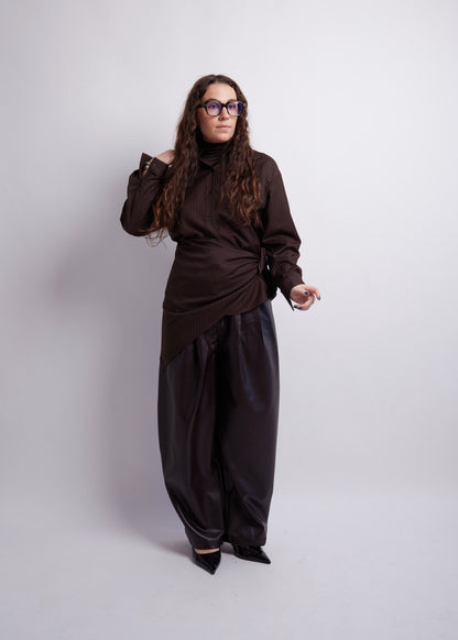 Dark Brown Striped Blouse and Scarf