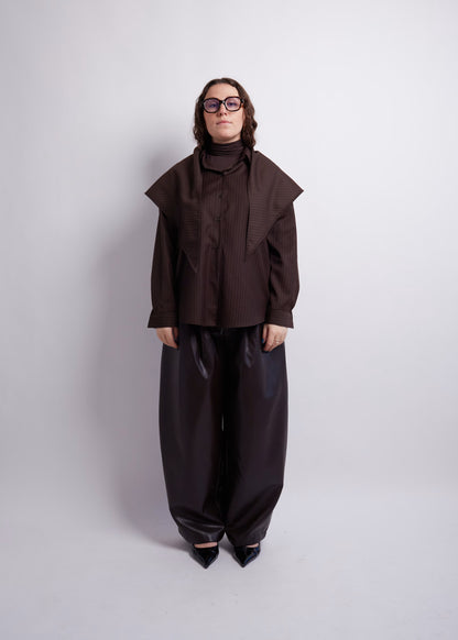 Dark Brown Striped Blouse and Scarf