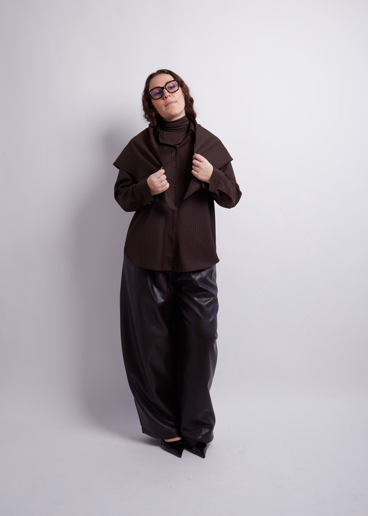 Dark Brown Striped Blouse and Scarf