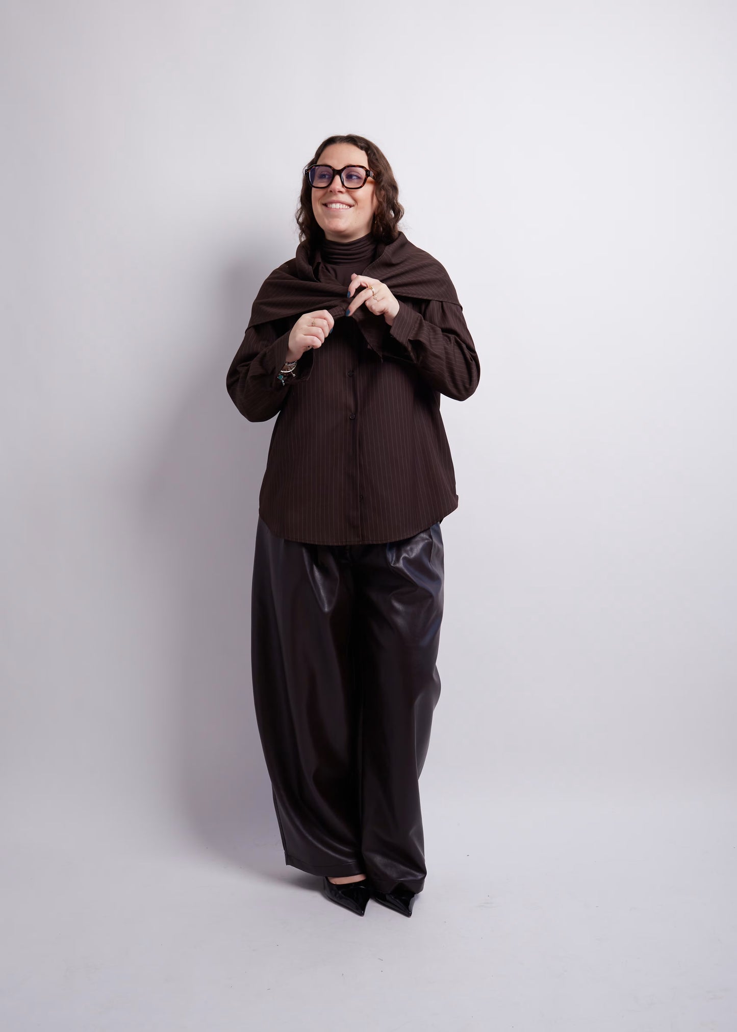 Dark Brown Striped Blouse and Scarf