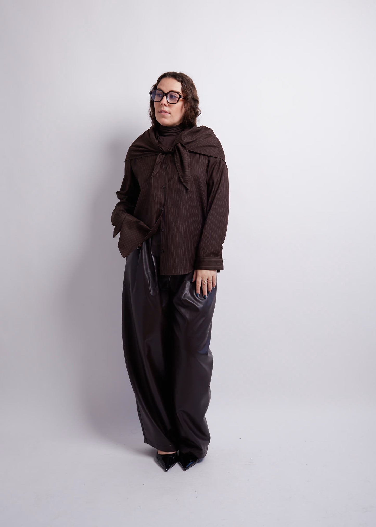 Dark Brown Striped Blouse and Scarf