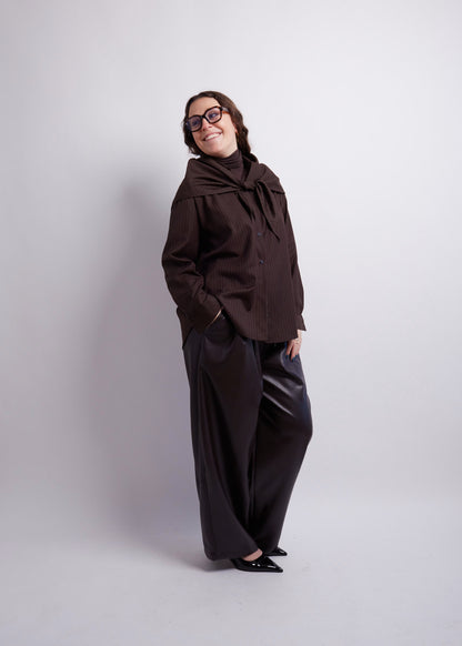 Dark Brown Striped Blouse and Scarf