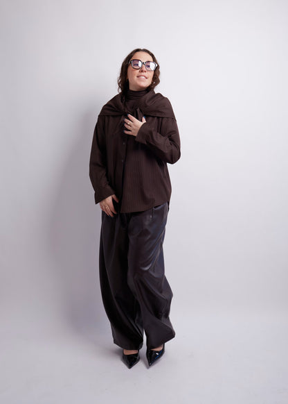 Dark Brown Striped Blouse and Scarf