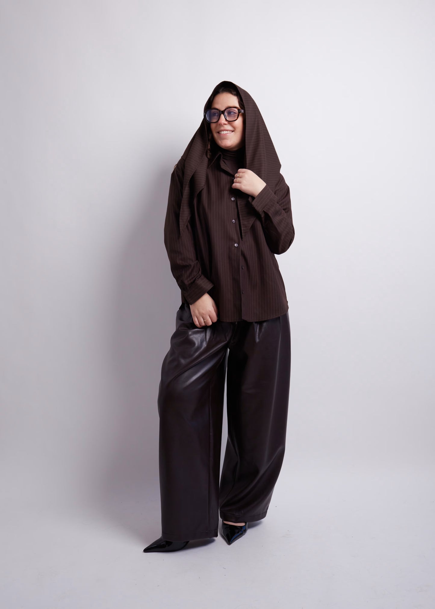 Dark Brown Striped Blouse and Scarf