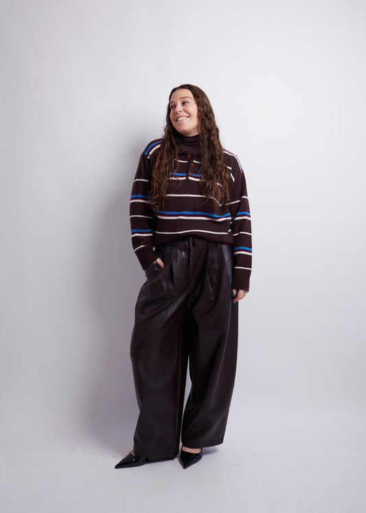 Dark Brown Striped Polo Knit