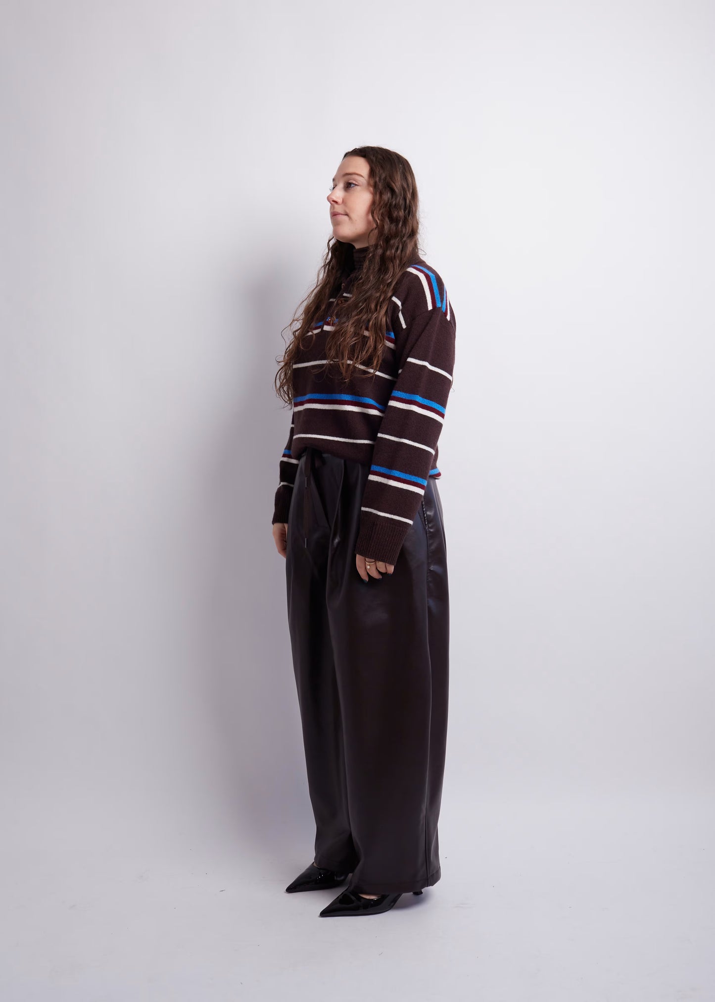 Dark Brown Striped Polo Knit