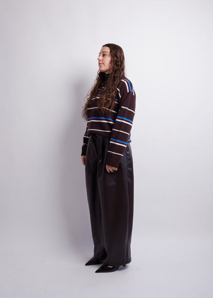 Dark Brown Striped Polo Knit