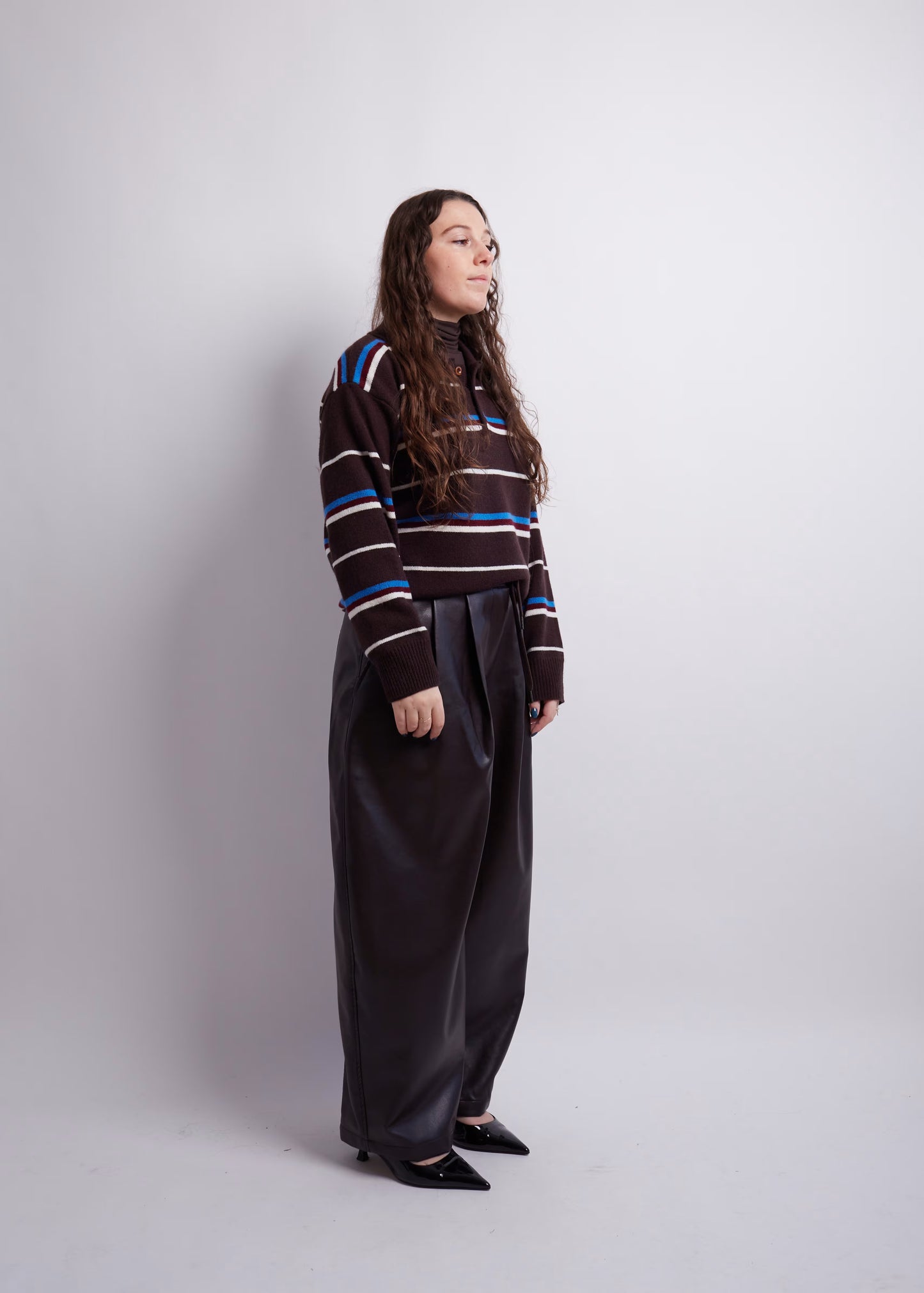 Dark Brown Striped Polo Knit