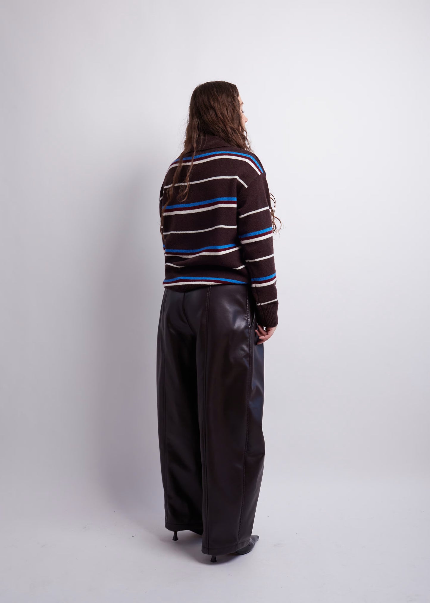 Dark Brown Striped Polo Knit